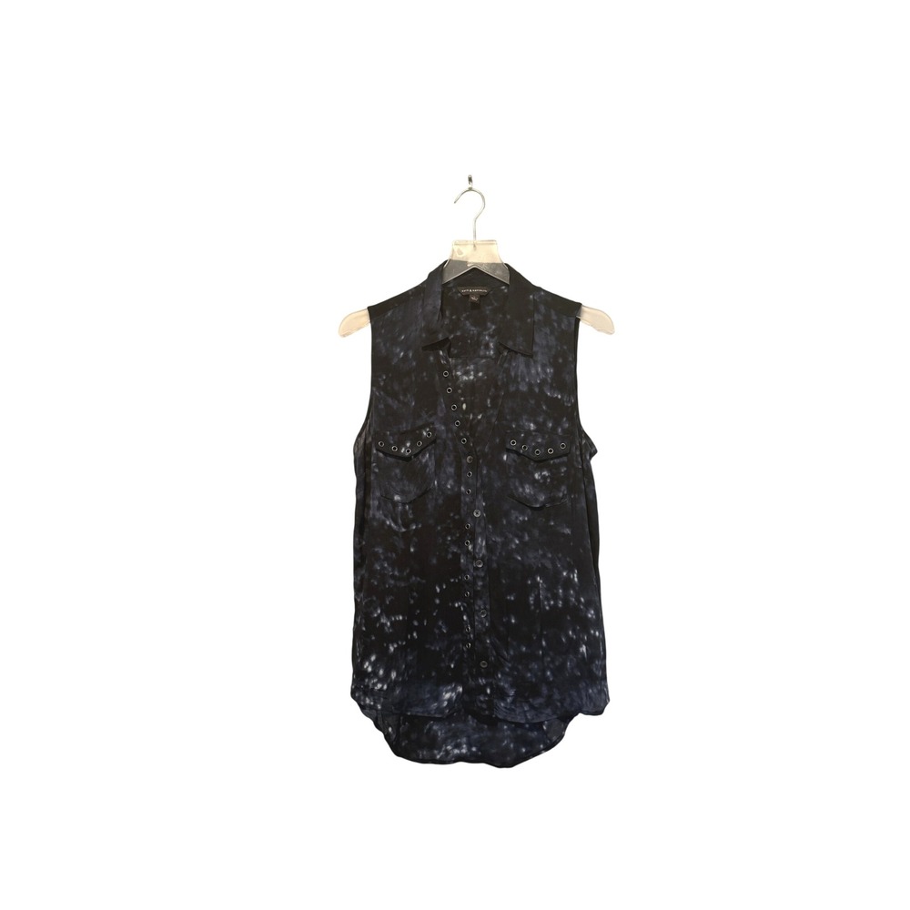Rock & Republic Womens Large Black Blue Tie Dye Sleeveless Grommet Button Top